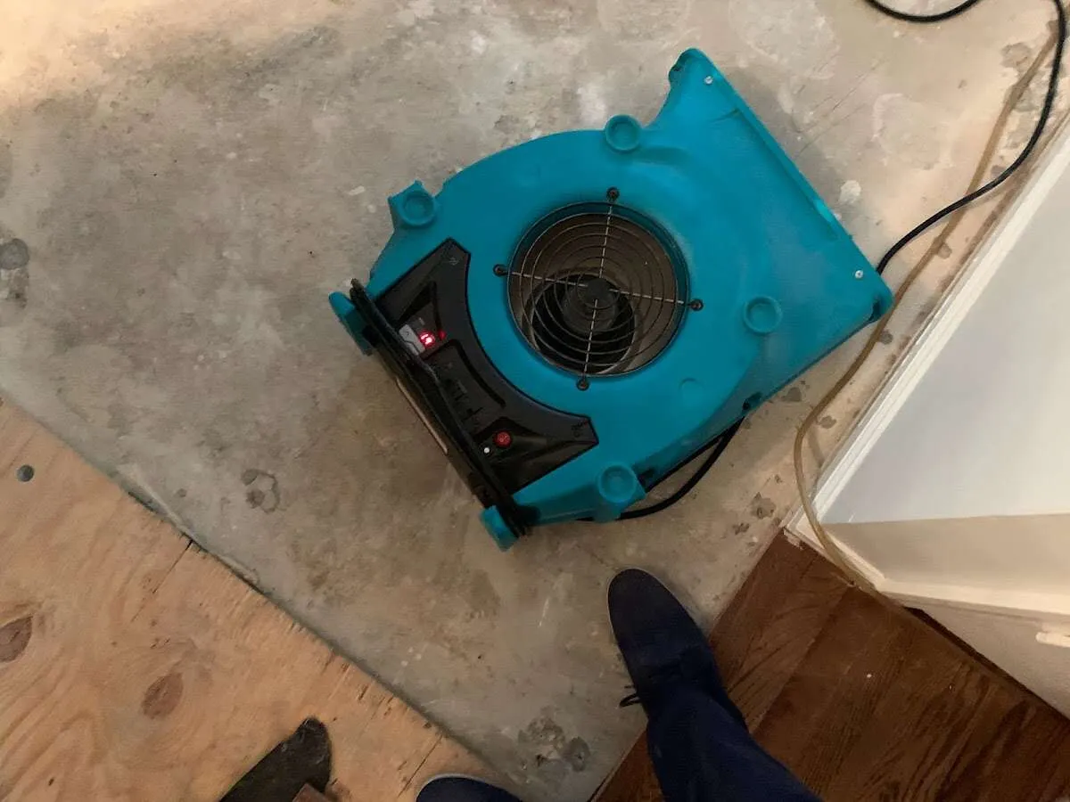 Air mover drying subfloor during Commercial Water Damage Restoration in Wylie
